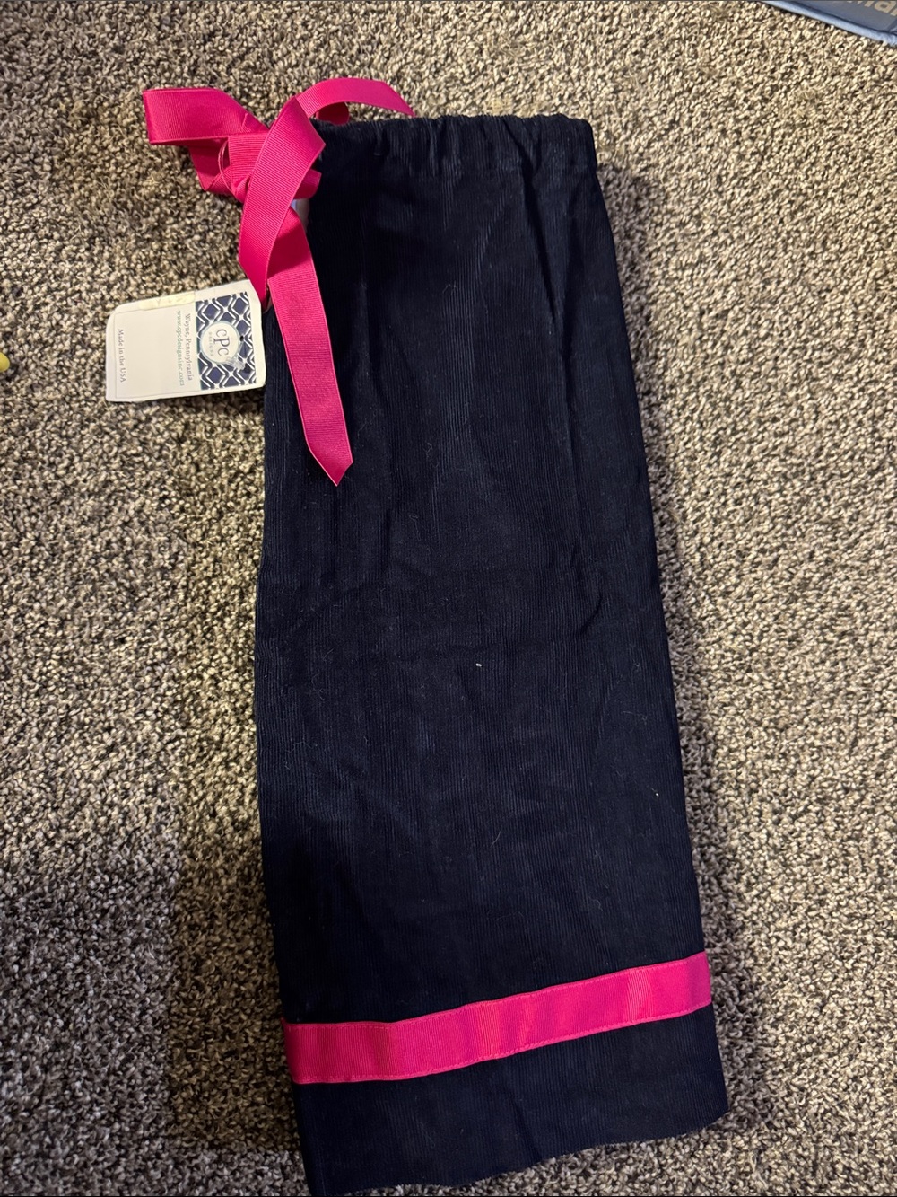 Girls Black Corduroy Leggings with Hot Pink Ribbon Detail
